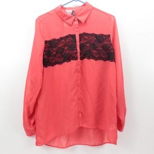 Maurices Sheer Red Button Up Blouse Womens Size Large Collared Long Sleeve